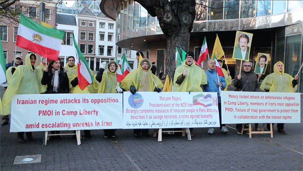 تظاهرات ایرانیان در هلند هواداران سازمان مجاهدین خلق ایران وشورای ملی مقاومت ایران علیه نقض حقوق بشر و اعدام و حمله موشکی به لیبرتی