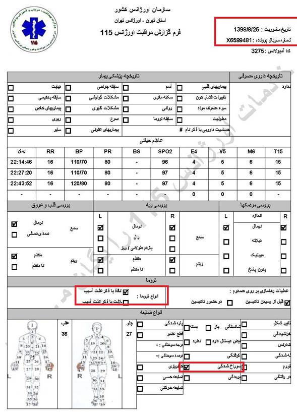 مشخصات و اسناد انتقال ۵ مجروح با گلوله‌های ساچمه‌ای و پلاستیکی به بیمارستان در تهران