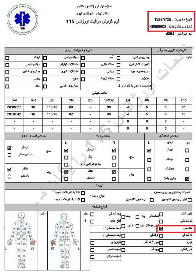 مشخصات و اسناد انتقال ۲۴ مجروح و مصدوم قیام آبان به بیمارستان در تهران 