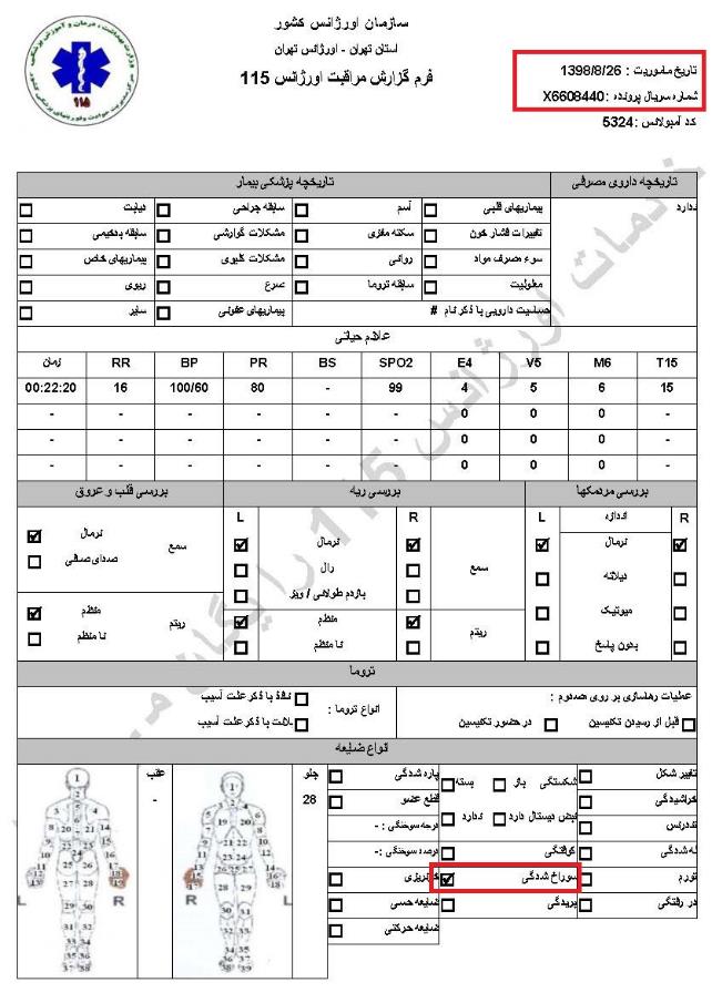 مشخصات و اسناد انتقال ۲۴ مجروح و مصدوم قیام آبان به بیمارستان در تهران 