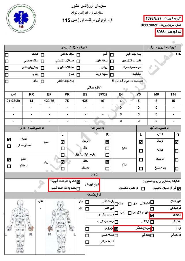 مشخصات و اسناد انتقال ۲۴ مجروح و مصدوم قیام آبان به بیمارستان در تهران 