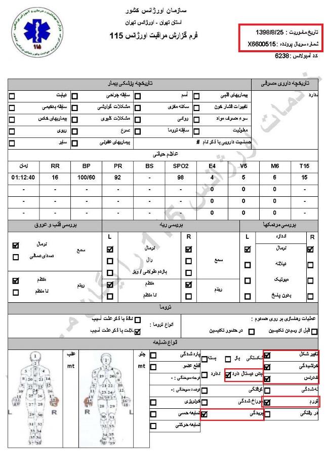 مشخصات و اسناد انتقال ۲۴ مجروح و مصدوم قیام آبان به بیمارستان در تهران 