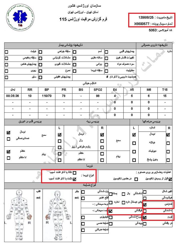 مشخصات و اسناد انتقال ۱۹ مجروح قیام آبان به بیمارستان در تهران 