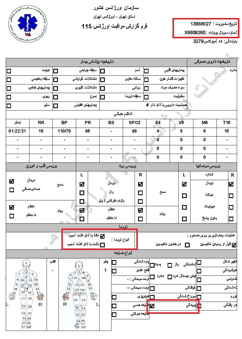 مشخصات و اسناد انتقال ۱۹ مجروح قیام آبان به بیمارستان در تهران 