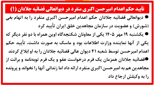 تأیید حکم اعدام امیرحسن اکبری منفرد در دیوانعالی قضائیه جلادان (۱)