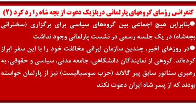 کنفرانس رؤسای گروههای پارلمانی دربلژیک دعوت از بچه شاه را رد کرد (۲)